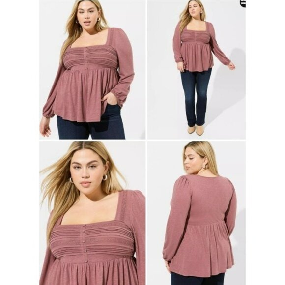 NWT Torrid Babydoll Cotton Modal Slub Square Neck Pintuck Top Rose Taupe 2X - Picture 2 of 10